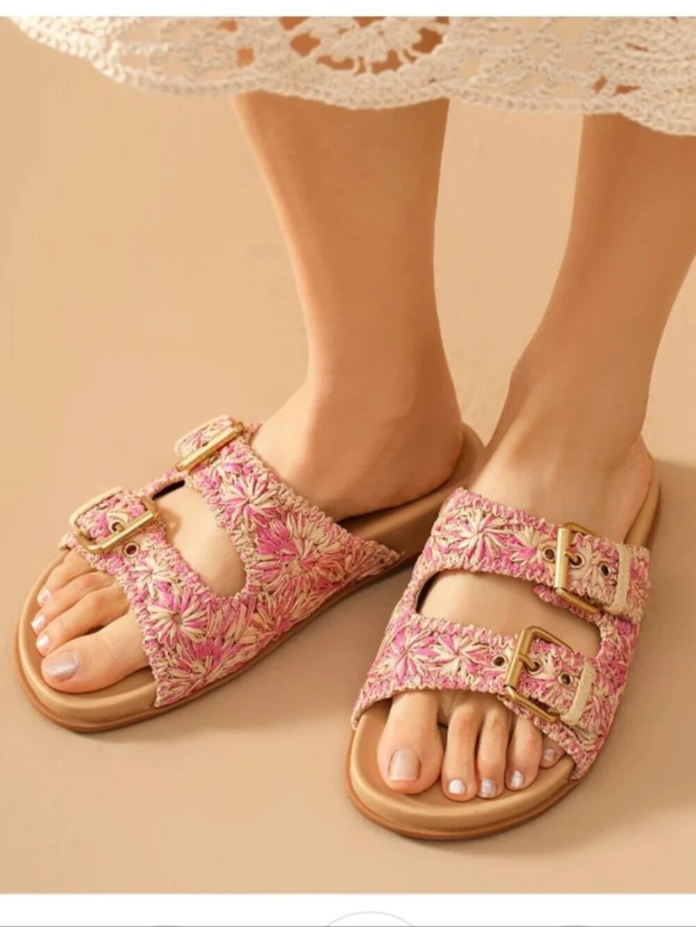Cristina Francini Italy Pink Raffia Straw Boho Slip On Sandals Slides Size 9.5